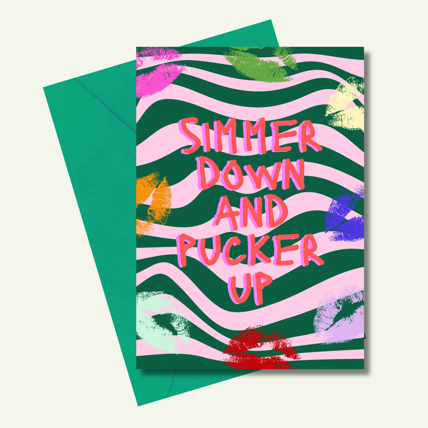 Simmer down and pucker up greetings card